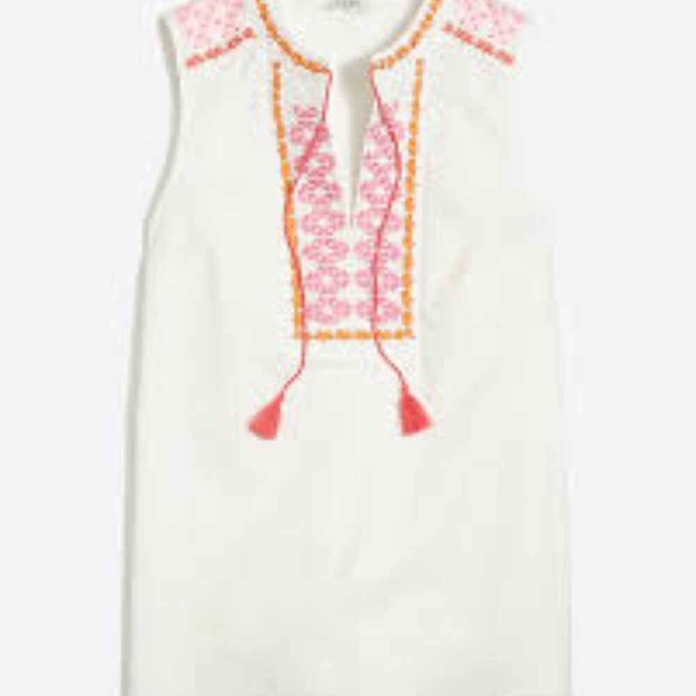 J Crew White Top with Pink and Orange Embroidery
